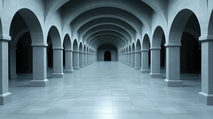 Obraz premium long corridor features tall stone arches lining both sides, illuminated by soft light