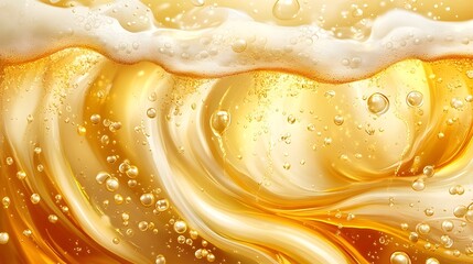 Flowing Amber Beer with Carbonation Bubbles and Foamy Froth in Horizontal Frame