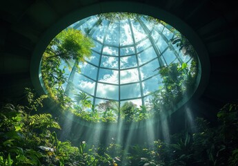 Serene Tropical Oasis with Lush Greenery Bathed in Dappled Sunlight Filtering Through a Circular Glass Roof in a Sanctuary of Nature