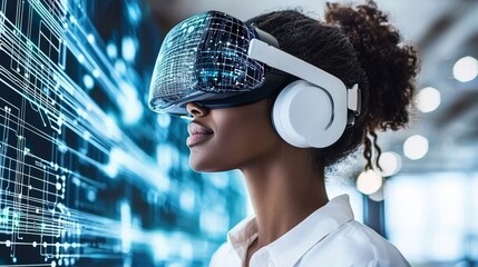 Innovative virtual reality experience modern office digital technology interactive environment side view woman using vr headset