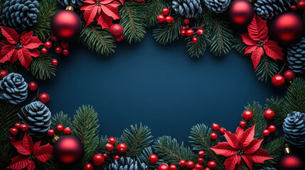Festive Christmas garland with red poinsettias, pine cones, and ornaments, creating joyful holiday atmosphere. Perfect for seasonal decorations and celebrations