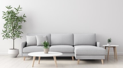 Modern grey sectional sofa in minimalist living room.  Home decor, interior design
