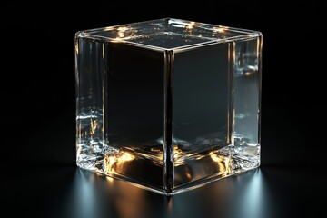 Abstract 3d render, glass cube on black background, Generative AI