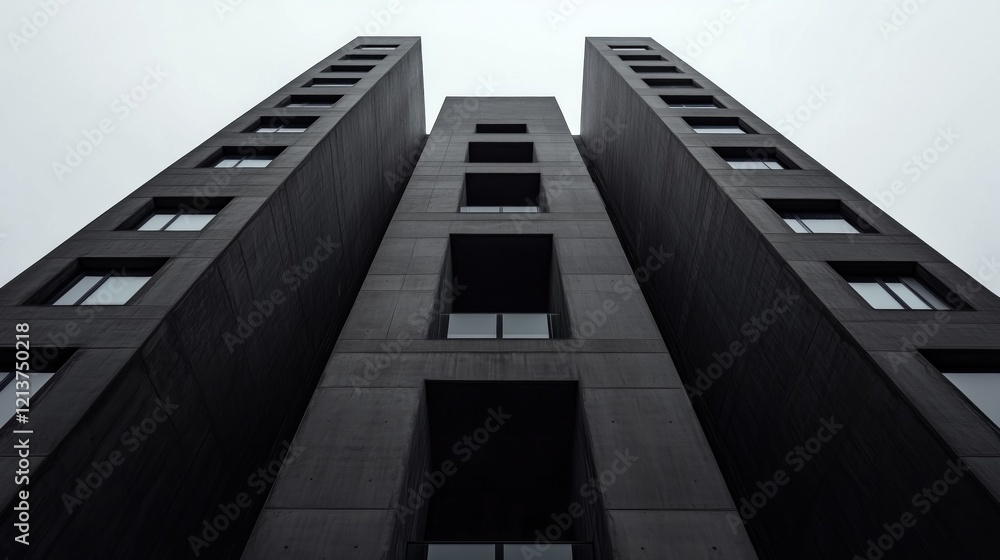 Poster striking view of a tall concrete building showcases its sleek lines and geometric shapes. structure 