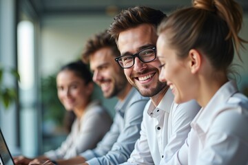 Fototapeta premium Cheerful Coworkers in Office Boosting Workplace Happiness and Team Collaboration Tips Generative AI