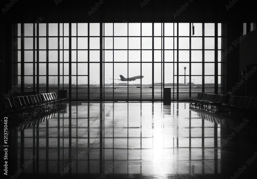 Poster silhouette of an airplane taking off at an airport with reflections on the floor and empty waiting a