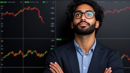 business professional with glasses and curly hair stands in a sleek office, arms crossed, intently observing stock market trends displayed on screens filled with colorful graphs and charts