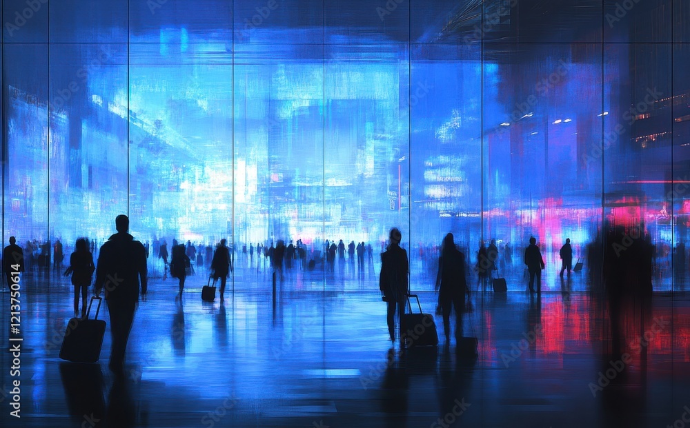Poster Silhouetted Figures in an Urban Environment with Neon Lights and Motion Blur Creating a Dynamic Atmosphere of a Cityscape at Twilight