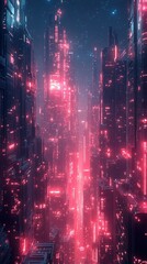 Obraz premium Neon cityscape at night, aerial view, digital art