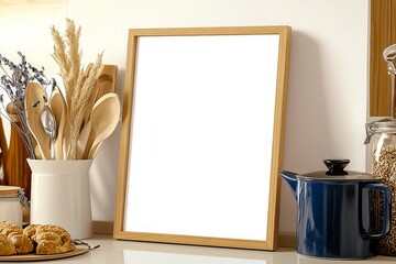 a blank frame mock-up standing on a kitchen counter