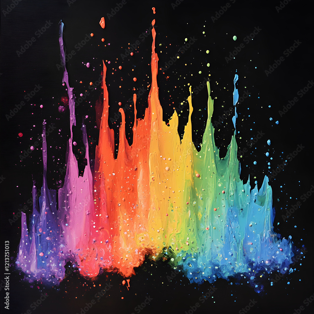 Poster rainbow splatter: vibrant rainbow colors explode in a dynamic splatter effect against a stark black 