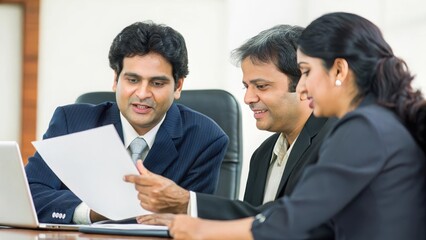 Indian Team Discussing Office Strategy - A group of Indian professionals collaborating on business strategies around a conference table.

