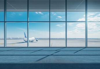 Naklejka premium Spacious airport terminal with large glass windows showcasing a parked airplane against a bright sky and expansive runway view, inviting travel and adventure.