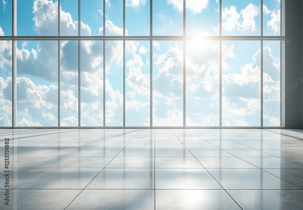 Poster spacious interior with large windows showcasing a bright sky filled with fluffy clouds, creating a s