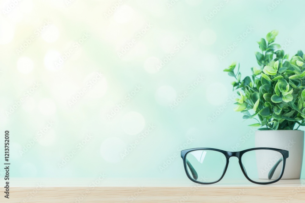 Poster smart glasses elegantly displayed on a minimalist shelf with a serene backdrop of soft greenery and 