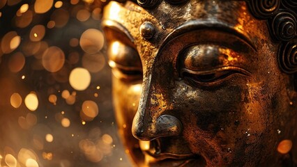 Serene Buddha statue close-up, golden light bokeh background, spiritual peace