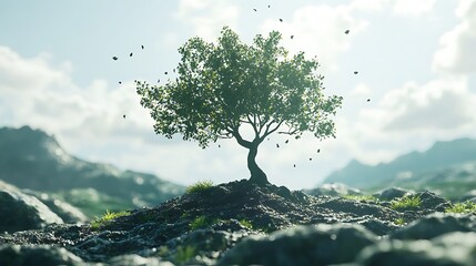 A tree growing from the soil with its branches swaying in a gentle breeze