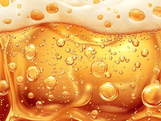 Flowing Light Beer with Carbonation Bubbles and Luscious Foam in Horizontal Frame
