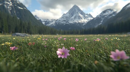 Fototapeta premium Mountain meadow wildflowers scenic landscape travel poster