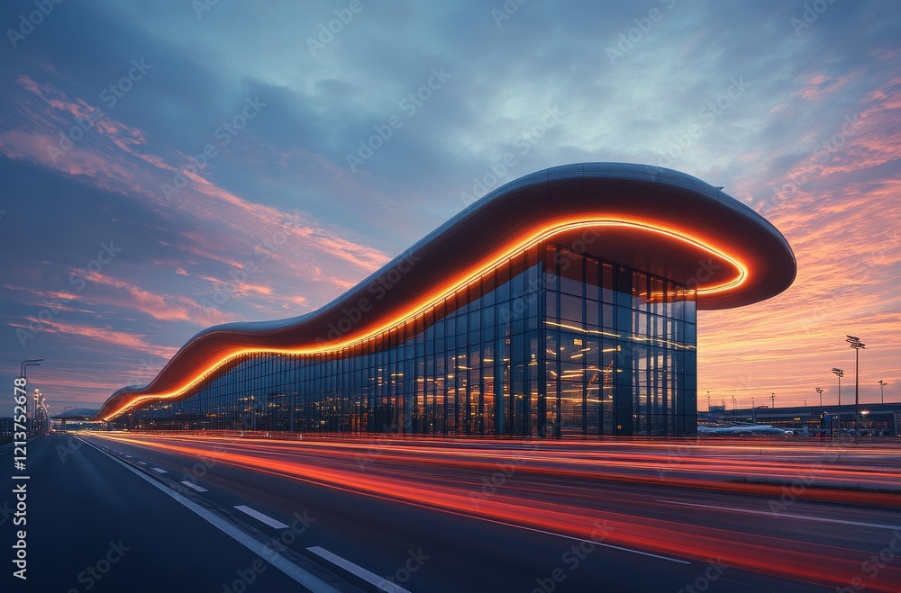 Poster stunning architectural design of a modern building with wave-like structure illuminated by sunset gl