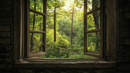 Wood window Forest window view scenery nature landscape green tree view window decor wallpaper