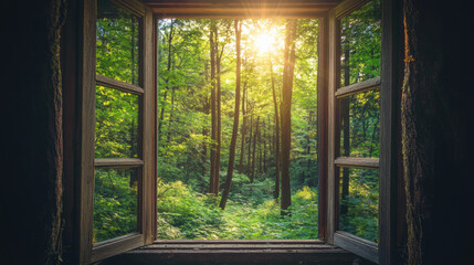 Forest window view sunrise window view scenery nature landscape green tree view window decor...