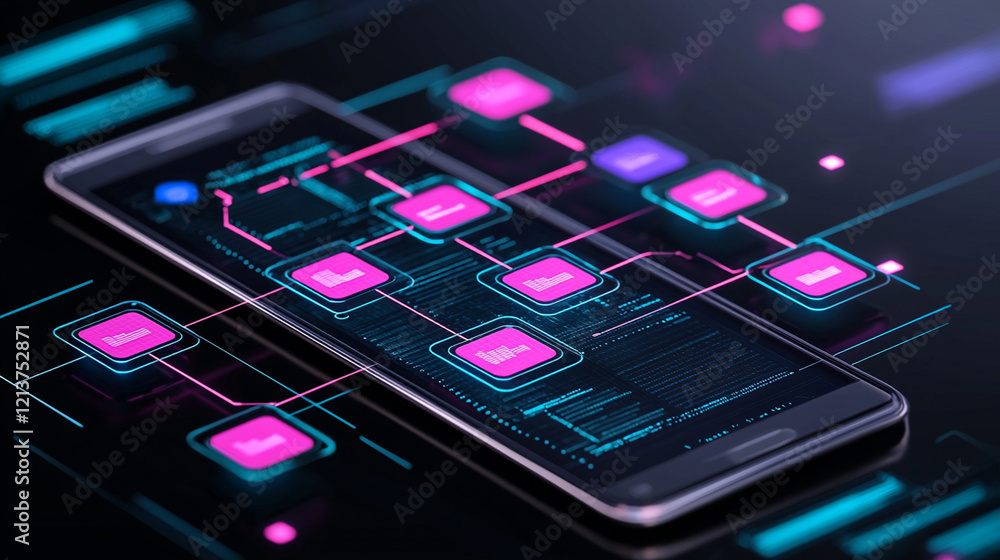 Poster smartphone displaying digital data network.