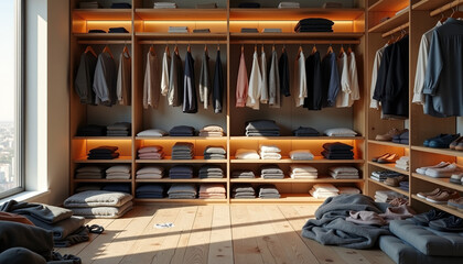 Organized wooden wardrobe with clothes and storage boxes