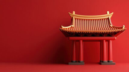 A striking traditional structure with curved rooflines, set against a vibrant red background, symbolizing Asian architecture and culture.
