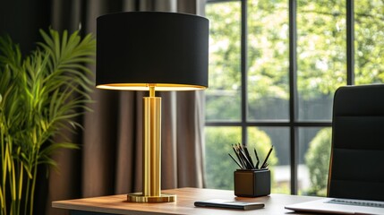 Elegant Gold and Black Table Lamp Illuminates Modern Workspace