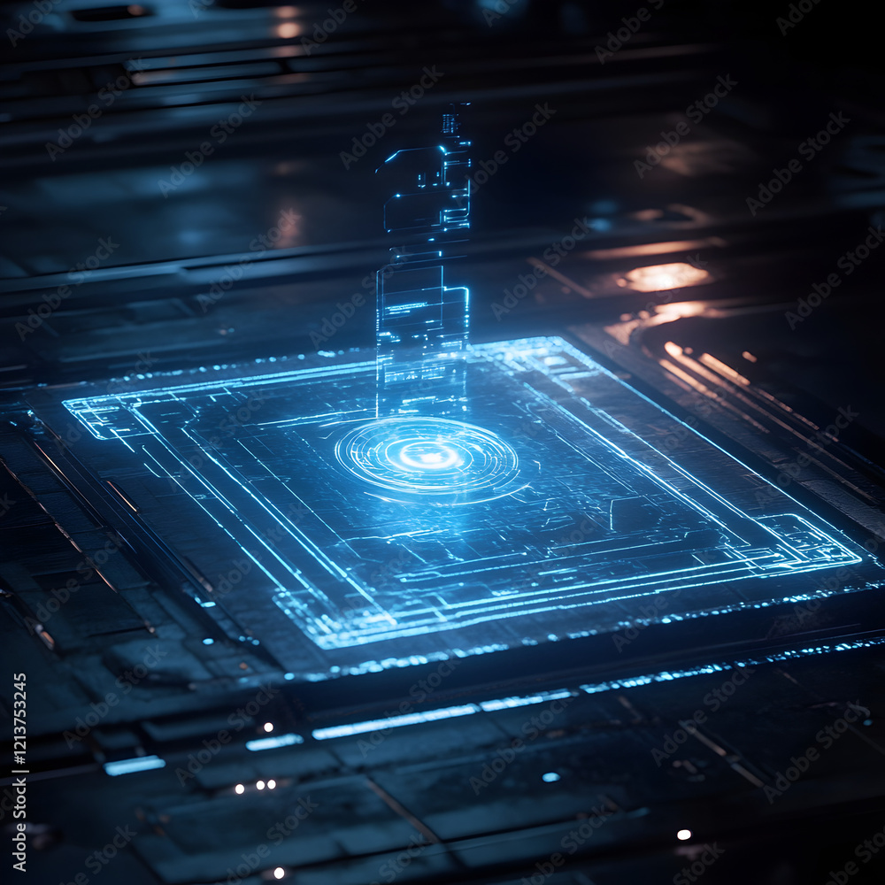 Poster digital core: a mesmerizing digital rendering of a futuristic circuit board with a glowing blue core
