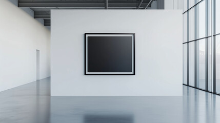A clean, white wall with a single, black-framed mirror reflecting the room's simplicity.