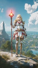 Naklejka premium Fantasy Warrior Woman Holds Staff