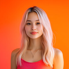 Naklejka premium Portrait of Young Woman: A serene and stylish young woman with long, light blonde hair and flawless skin smiles gently against a vibrant orange backdrop.