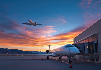 Stunning Sunset Over Airport with Two Airplanes in Flight and on Ground, Showcasing Modern Aviation in a Breathtaking Sky, Highlighting Travel and Adventure
