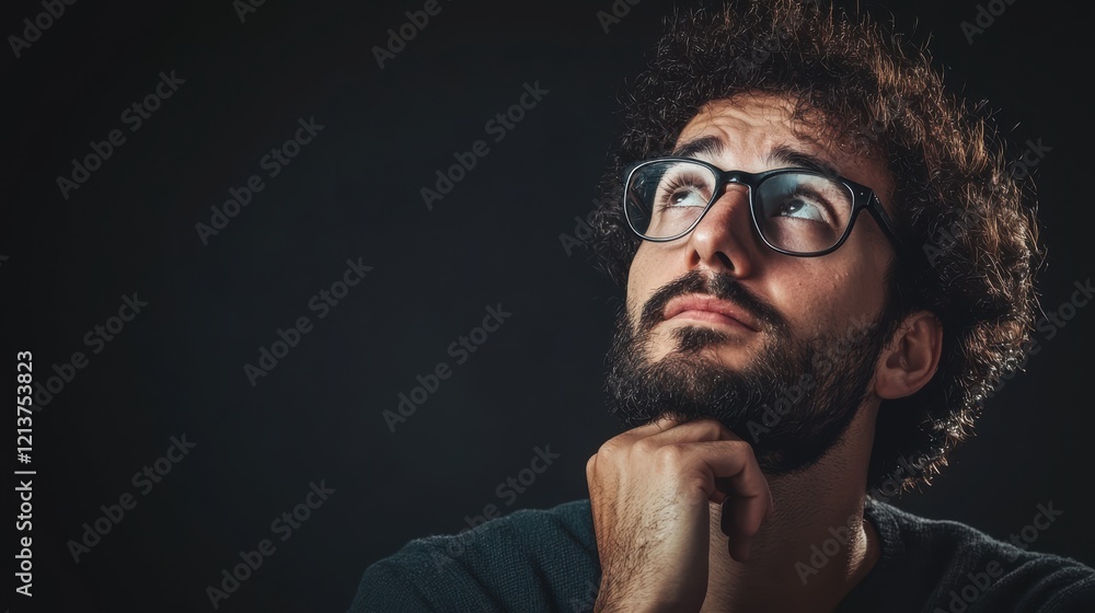 Aufkleber a man with glasses is looking up at the camera with a pensive expression. generative ai