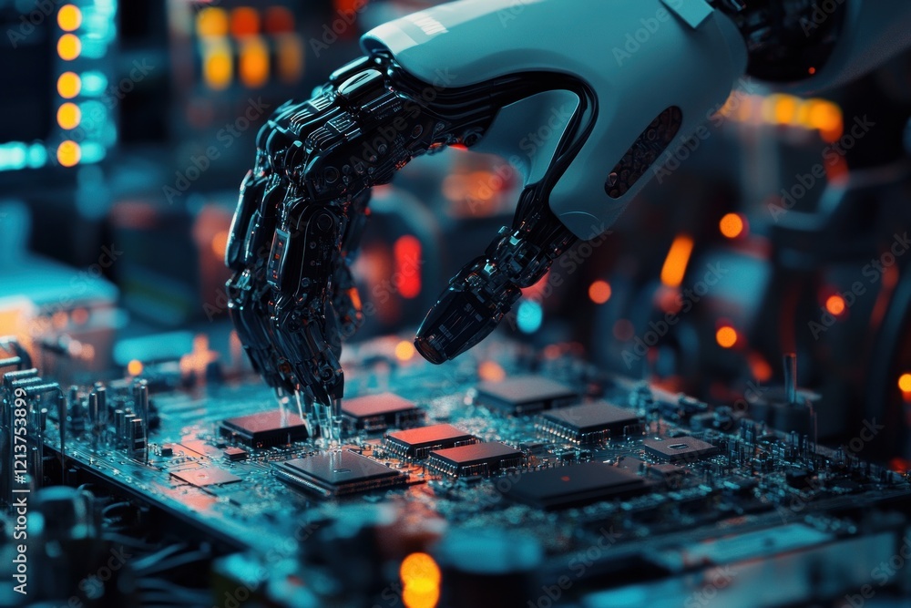 Poster robotic hand assembling circuit board in factory