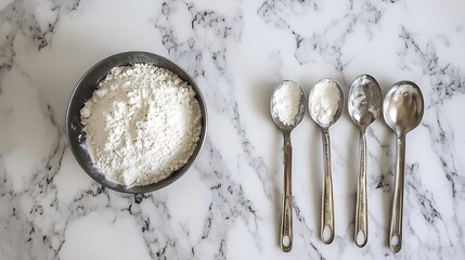 A set of measuring spoons and a bowl of flour laid out on a marble kitchen counter