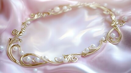 Elegant gold frame adorned with pearls on pink silk