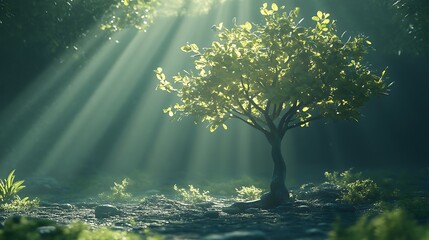 A tree growing from the ground with rays of sunlight shining through the branches