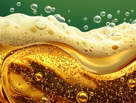 Flowing Golden Beer with Frothy Carbonation Bubbles Filling the Frame