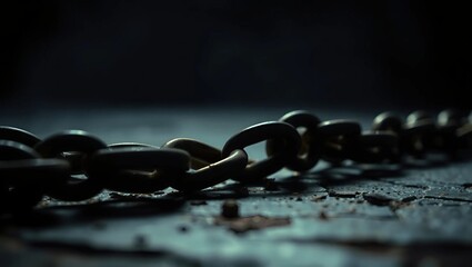 A close-up of broken iron chains lying on a stone surface, with the broken links glowing faintly gold under soft, dramatic spotlighting, dark and moody background