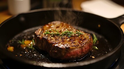 Fototapeta premium Premium Grilled Beef, Sizzling Steak in a Cast Iron Skillet with Aromatic Garnish