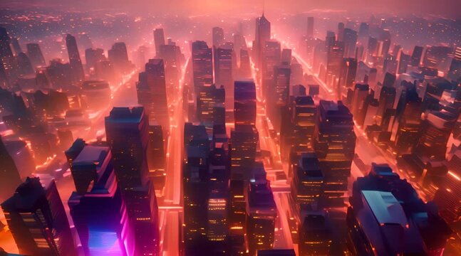 City at sunset with a network grid overlay, glowing orange and pink sky, tall skyscrapers casting long shadows