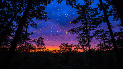 Firefly sunset in forest silhouette.