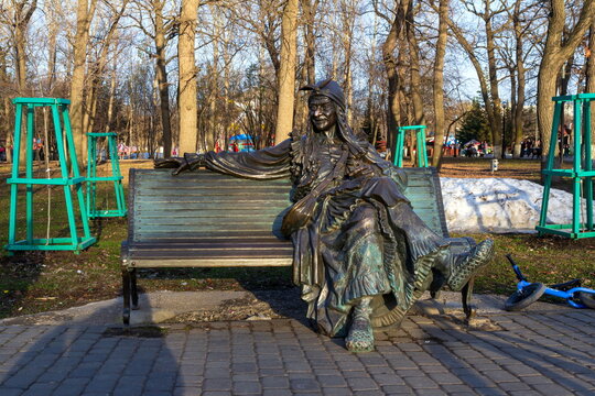 Russia, Samara, April 12, 2024: Sculpture of the fairy-tale character Baba Yaga in the city park named after Gagarin.