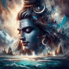 Digital Artwork: Lord Shiva on Maha Shivratri with Crescent Moon and Sacred Elements