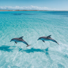 Obraz premium Dolphins Leap of Joy: Two dolphins playfully leap through crystal-clear turquoise waters, creating a breathtaking spectacle against the backdrop of a pristine beach and azure ocean.