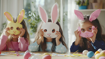 Children Enjoying Easter Arts and Crafts Making Bunny Masks at Home