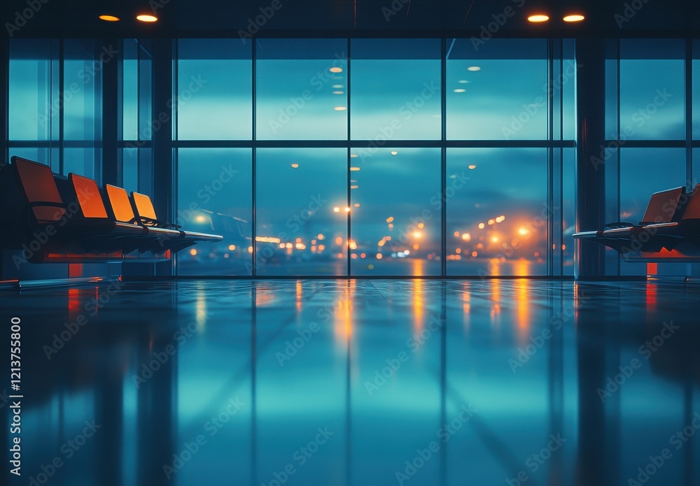 Poster tranquil airport terminal view at dusk with empty seating and soft ambient lights creating a calming